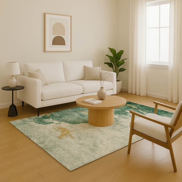 HomeRoots 5' X 8' Vibrant Emerald and Gold Abstract Washable Area Rug with UV Protection for Modern Homes 701541