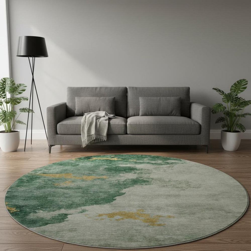 HomeRoots 8' Emerald and Gold Abstract Round Rug - Washable, UV Protected, Stain Resistant for Busy Homes 701542