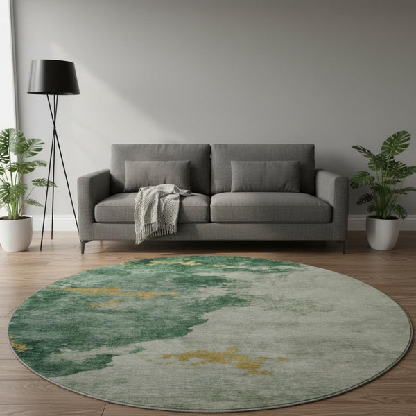 HomeRoots 8' Emerald and Gold Abstract Round Rug - Washable, UV Protected, Stain Resistant for Busy Homes 701542