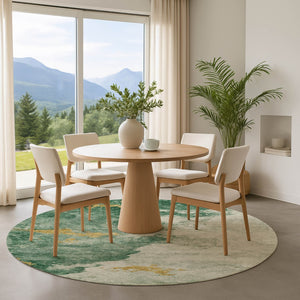 HomeRoots 8' Emerald and Gold Abstract Round Rug - Washable, UV Protected, Stain Resistant for Busy Homes 701542