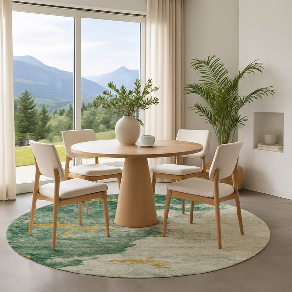 HomeRoots 8' Emerald and Gold Abstract Round Rug - Washable, UV Protected, Stain Resistant for Busy Homes 701542