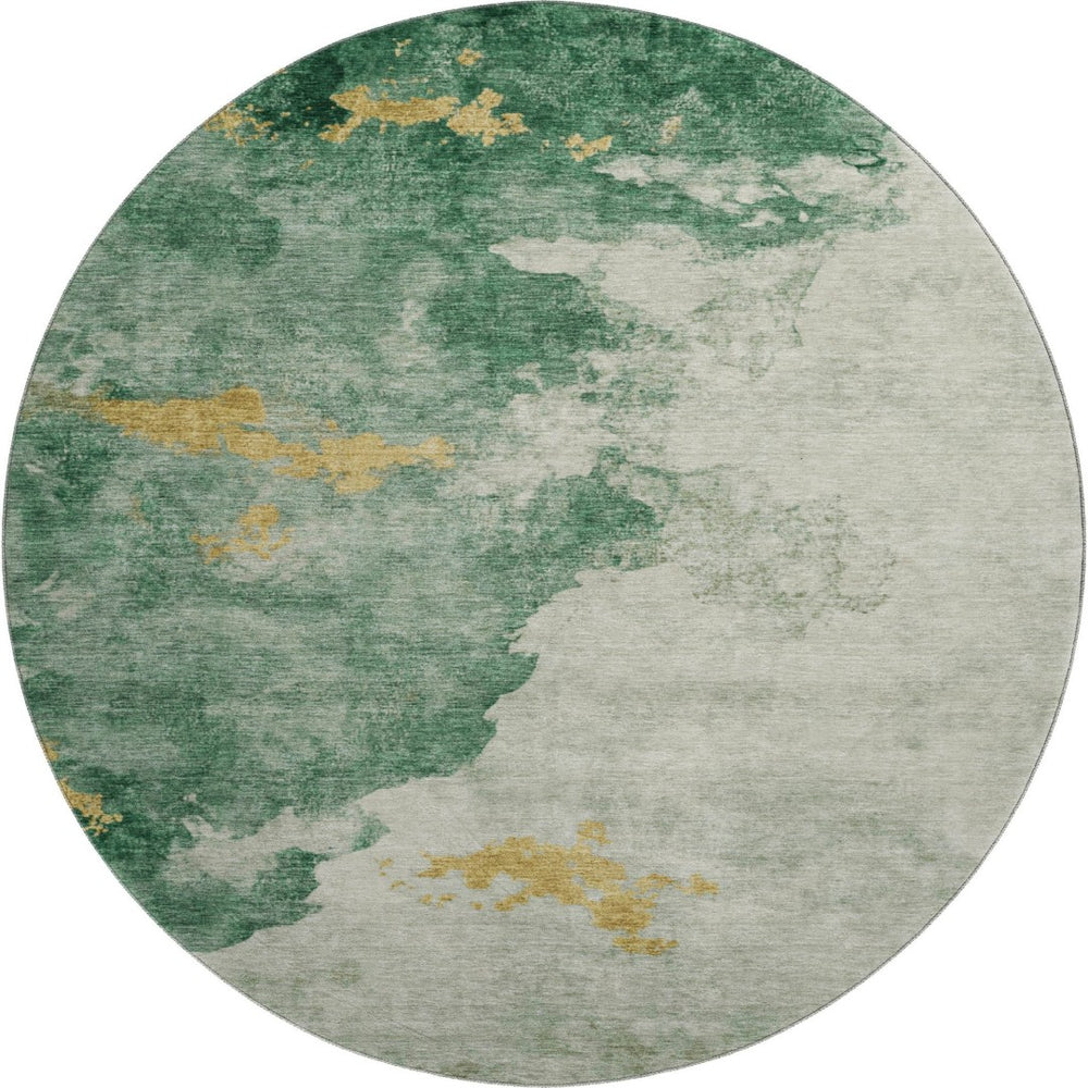 HomeRoots 8' Emerald and Gold Abstract Round Rug - Washable, UV Protected, Stain Resistant for Busy Homes 701542