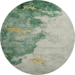 HomeRoots 8' Emerald and Gold Abstract Round Rug - Washable, UV Protected, Stain Resistant for Busy Homes 701542