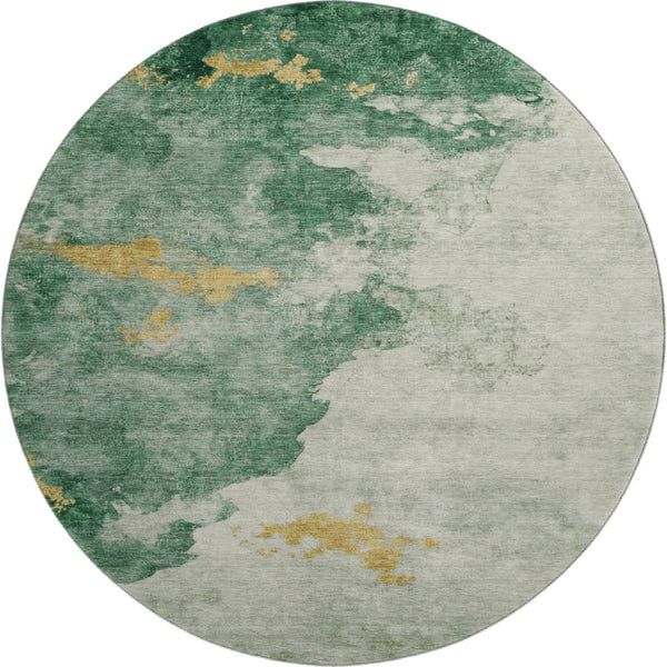 HomeRoots 8' Emerald and Gold Abstract Round Rug - Washable, UV Protected, Stain Resistant for Busy Homes 701542