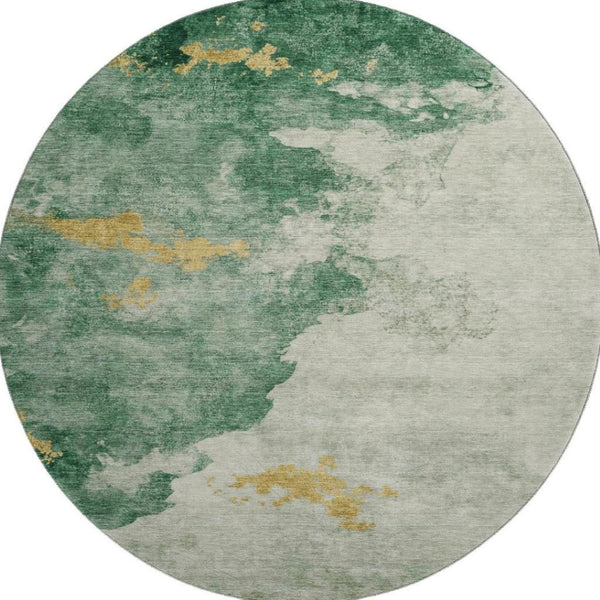 HomeRoots 8' Emerald and Gold Abstract Round Rug - Washable, UV Protected, Stain Resistant for Busy Homes 701542
