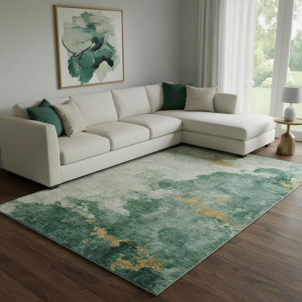 HomeRoots 8' X 10' Washable Emerald & Gold Abstract Area Rug with UV Protection – Durable, Stain-Resistant Design 701543