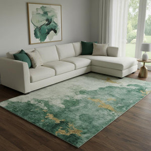 HomeRoots 8' X 10' Washable Emerald & Gold Abstract Area Rug with UV Protection – Durable, Stain-Resistant Design 701543