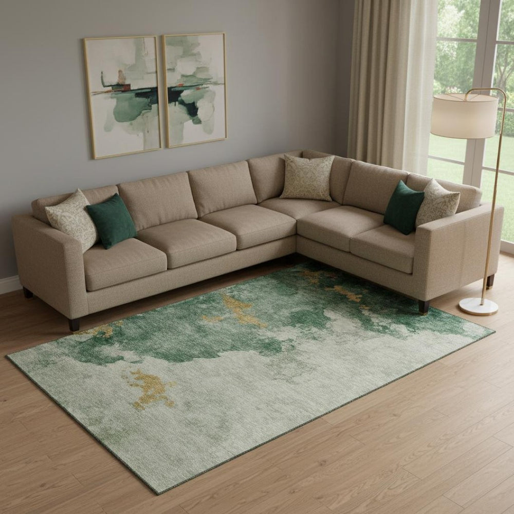 HomeRoots 9' X 12' Emerald and Gold Abstract Washable Area Rug – Durable, UV-Protected, Perfect for Busy Homes! 701544