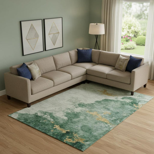 HomeRoots 10' X 14' Emerald & Gold Abstract Area Rug - Washable, UV-Protected, Stain-Resistant, Modern Design 701545