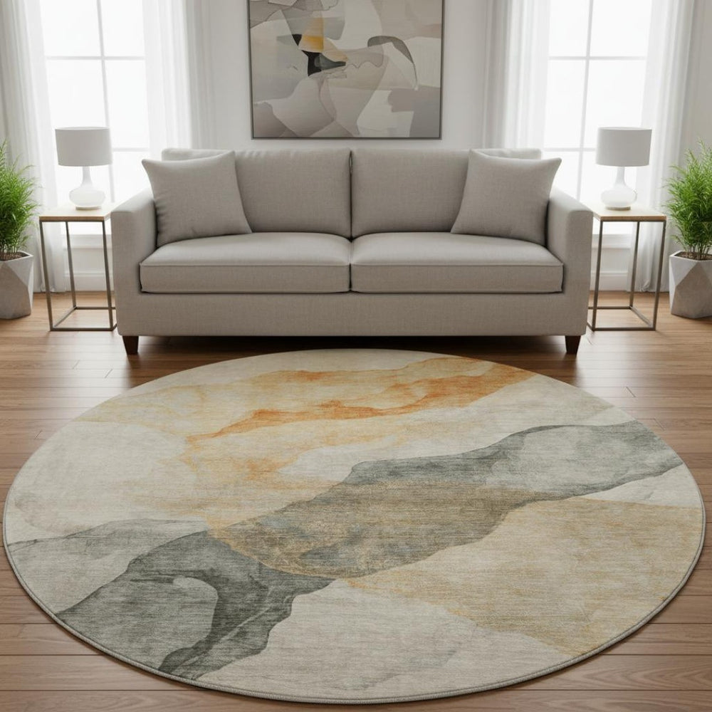 HomeRoots 8' Vibrant Abstract Round Rug in Orange, Gray & Silver - Washable, UV-Protected, Durable Design 701548
