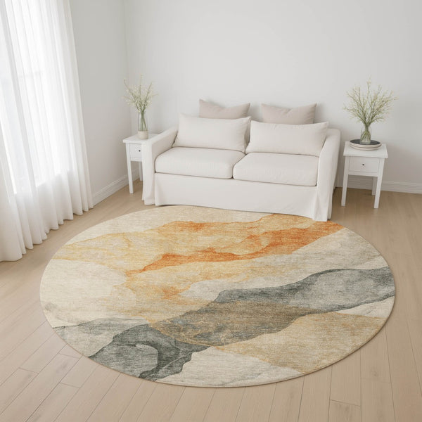 HomeRoots 8' Vibrant Abstract Round Rug in Orange, Gray & Silver - Washable, UV-Protected, Durable Design 701548