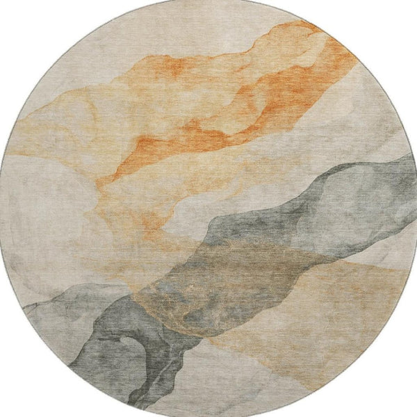 HomeRoots 8' Vibrant Abstract Round Rug in Orange, Gray & Silver - Washable, UV-Protected, Durable Design 701548