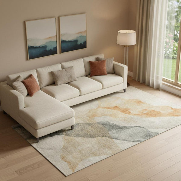 HomeRoots 9' X 12' Stylish Orange, Gray & Silver Abstract Area Rug - Washable, Stain-Resistant & UV Protected! 701550