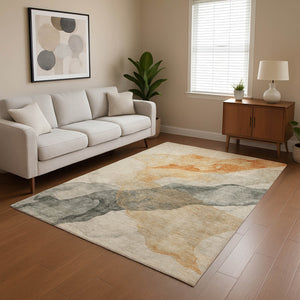 HomeRoots 9' X 12' Stylish Orange, Gray & Silver Abstract Area Rug - Washable, Stain-Resistant & UV Protected! 701550