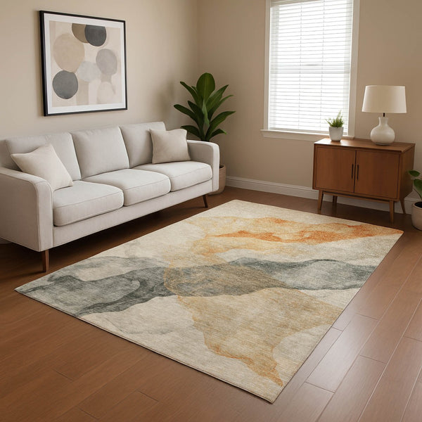 HomeRoots 9' X 12' Stylish Orange, Gray & Silver Abstract Area Rug - Washable, Stain-Resistant & UV Protected! 701550