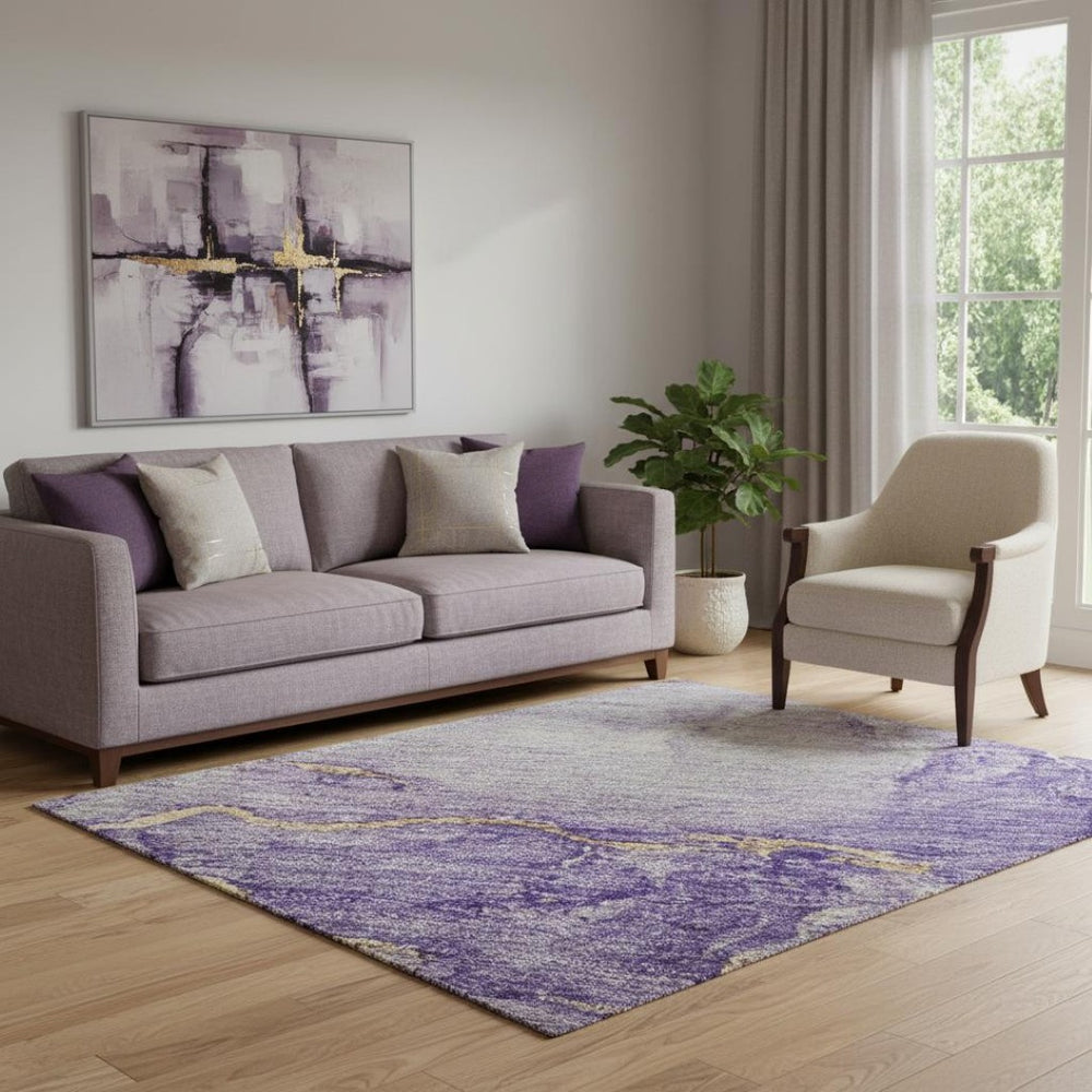HomeRoots 5' X 8' Stylish Purple, Gold & Ivory Abstract Washable Area Rug with UV Protection & Non-Slip Backing 701553