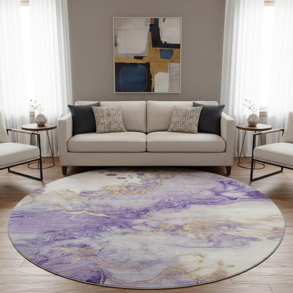 HomeRoots 8' Bold Purple, Gold & Ivory Abstract Washable Round Rug with UV Protection for Modern Spaces 701554