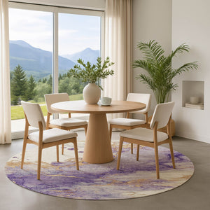 HomeRoots 8' Bold Purple, Gold & Ivory Abstract Washable Round Rug with UV Protection for Modern Spaces 701554
