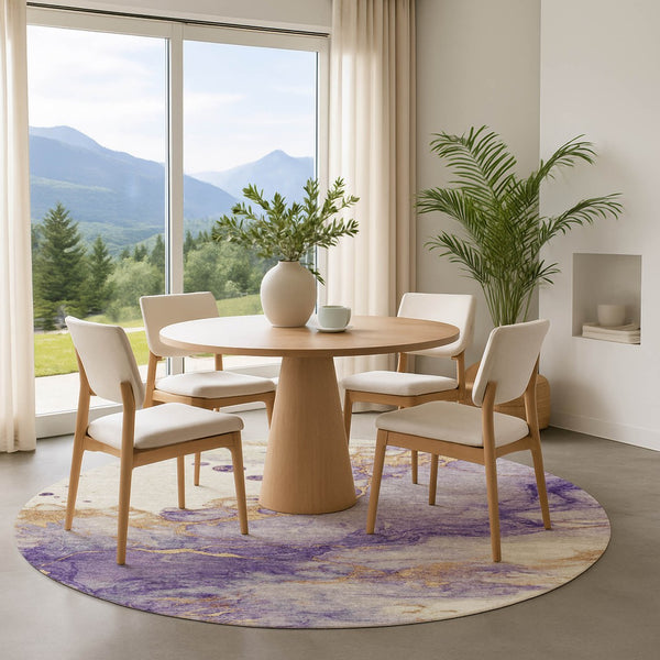 HomeRoots 8' Bold Purple, Gold & Ivory Abstract Washable Round Rug with UV Protection for Modern Spaces 701554