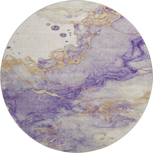 HomeRoots 8' Bold Purple, Gold & Ivory Abstract Washable Round Rug with UV Protection for Modern Spaces 701554