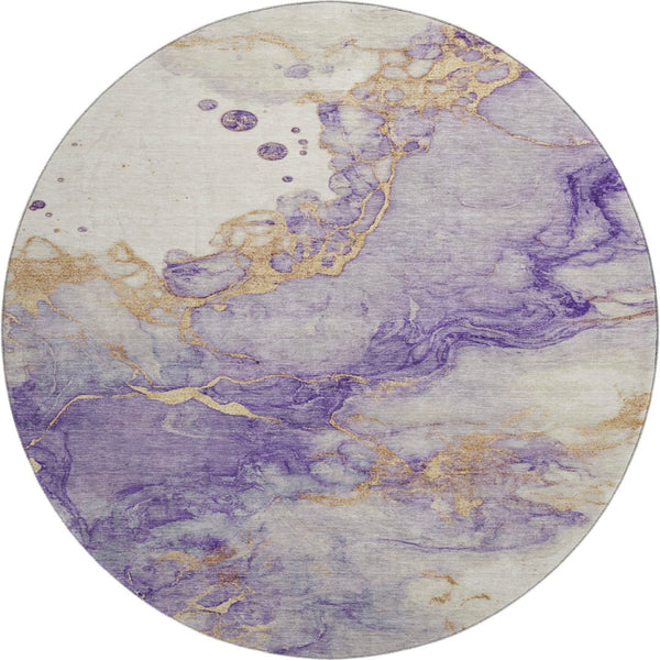 HomeRoots 8' Bold Purple, Gold & Ivory Abstract Washable Round Rug with UV Protection for Modern Spaces 701554