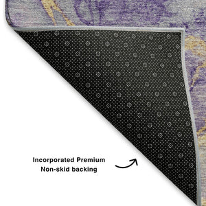 HomeRoots 8' Bold Purple, Gold & Ivory Abstract Washable Round Rug with UV Protection for Modern Spaces 701554