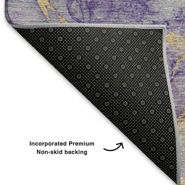 HomeRoots 8' Bold Purple, Gold & Ivory Abstract Washable Round Rug with UV Protection for Modern Spaces 701554
