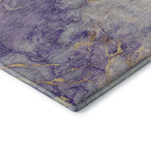 HomeRoots 8' Bold Purple, Gold & Ivory Abstract Washable Round Rug with UV Protection for Modern Spaces 701554