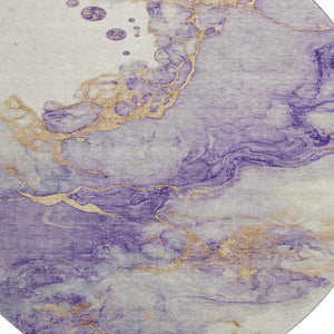 HomeRoots 8' Bold Purple, Gold & Ivory Abstract Washable Round Rug with UV Protection for Modern Spaces 701554