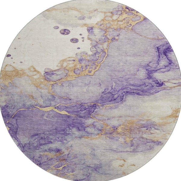 HomeRoots 8' Bold Purple, Gold & Ivory Abstract Washable Round Rug with UV Protection for Modern Spaces 701554