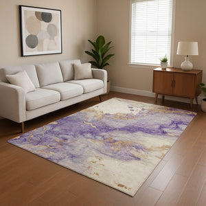 HomeRoots 9' X 12' Vibrant Purple Gold Ivory Abstract Area Rug - Washable, UV Protected & Non-Slip Design! 701556