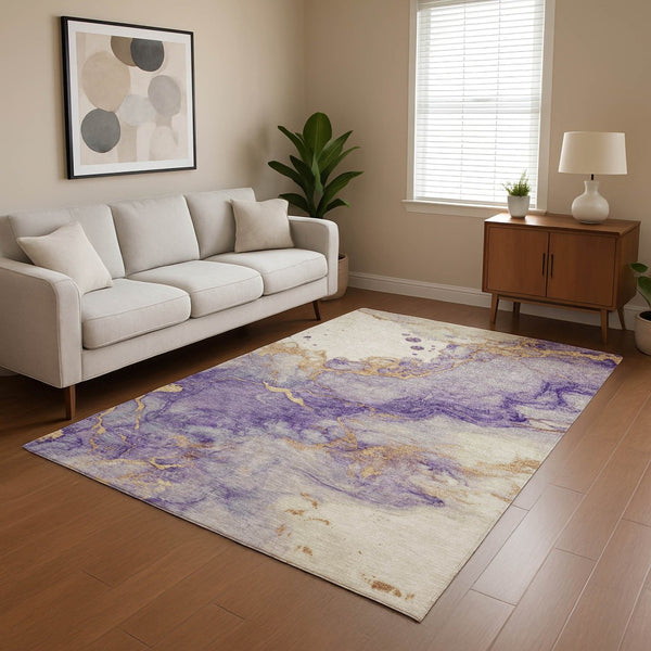 HomeRoots 9' X 12' Vibrant Purple Gold Ivory Abstract Area Rug - Washable, UV Protected & Non-Slip Design! 701556