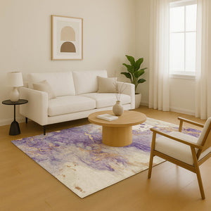 HomeRoots 9' X 12' Vibrant Purple Gold Ivory Abstract Area Rug - Washable, UV Protected & Non-Slip Design! 701556