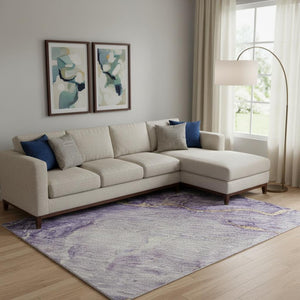 HomeRoots 10' X 14' Abstract Washable Area Rug in Purple, Gold & Ivory - Stain Resistant & UV Protected Design 701557
