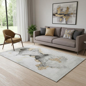 HomeRoots 5' X 8' Washable Gray Gold Silver Abstract Area Rug – Durable, Stylish, UV-Protected for Every Room 701559