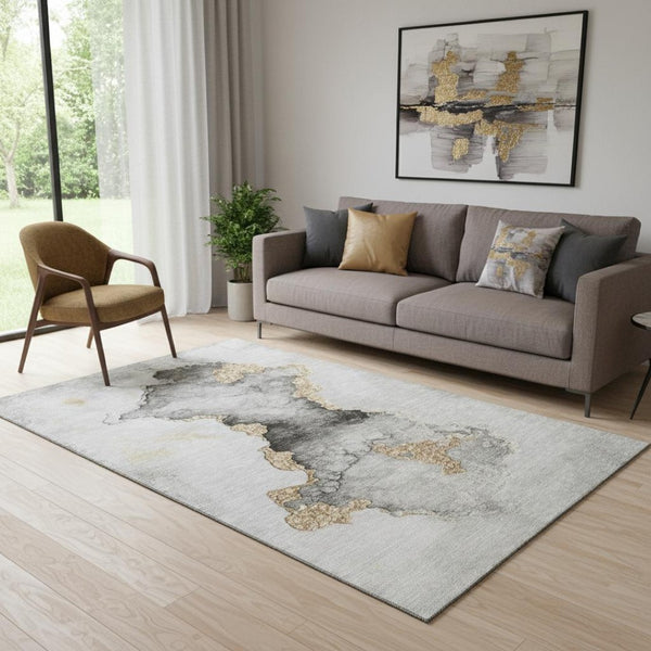 HomeRoots 5' X 8' Washable Gray Gold Silver Abstract Area Rug – Durable, Stylish, UV-Protected for Every Room 701559