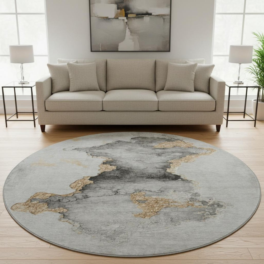 HomeRoots 8' Gray Gold and Silver Abstract Washable Round Rug - UV Protected, Stain Resistant, Easy Care! 701560