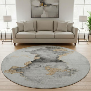 HomeRoots 8' Gray Gold and Silver Abstract Washable Round Rug - UV Protected, Stain Resistant, Easy Care! 701560