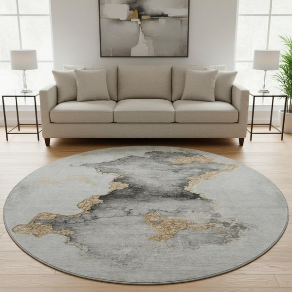 HomeRoots 8' Gray Gold and Silver Abstract Washable Round Rug - UV Protected, Stain Resistant, Easy Care! 701560
