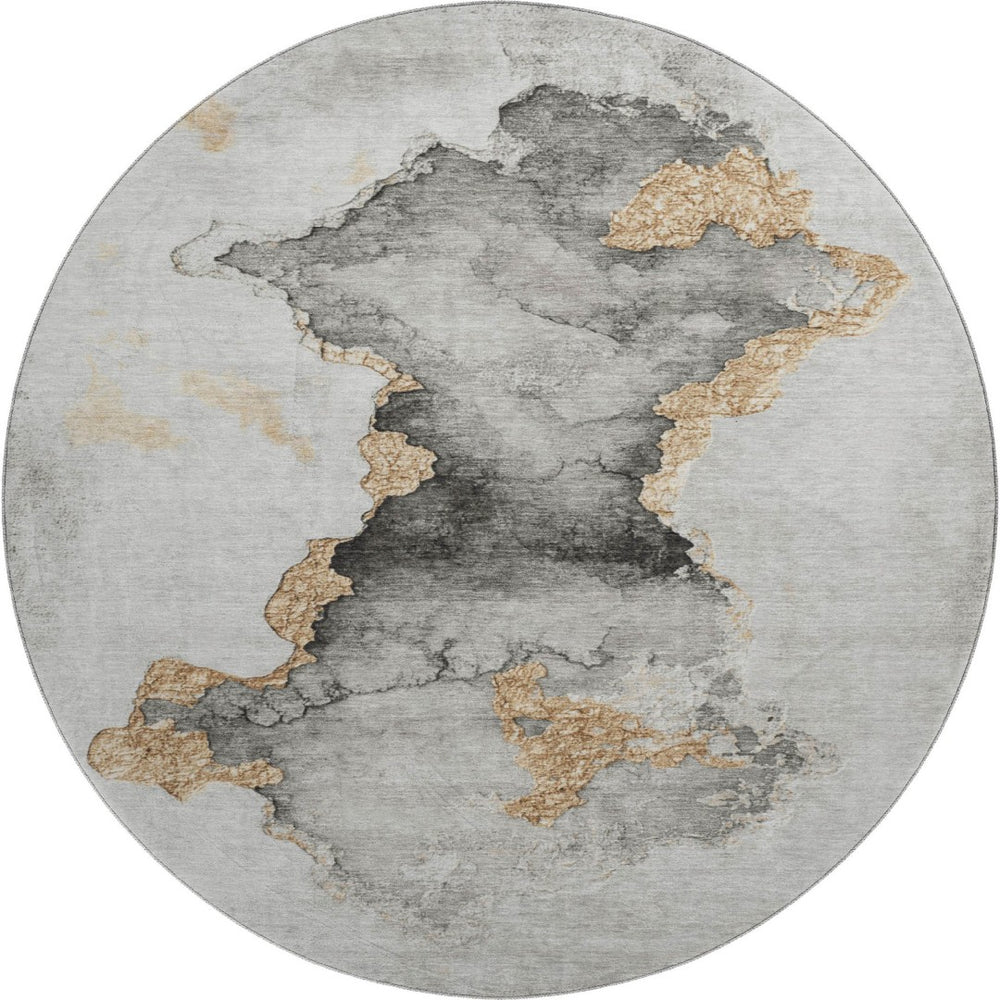 HomeRoots 8' Gray Gold and Silver Abstract Washable Round Rug - UV Protected, Stain Resistant, Easy Care! 701560
