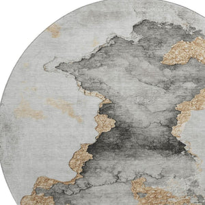 HomeRoots 8' Gray Gold and Silver Abstract Washable Round Rug - UV Protected, Stain Resistant, Easy Care! 701560