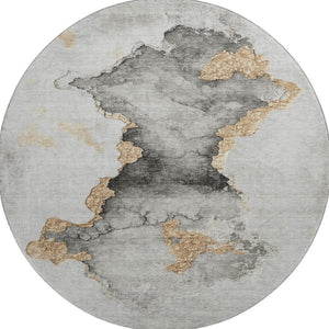 HomeRoots 8' Gray Gold and Silver Abstract Washable Round Rug - UV Protected, Stain Resistant, Easy Care! 701560