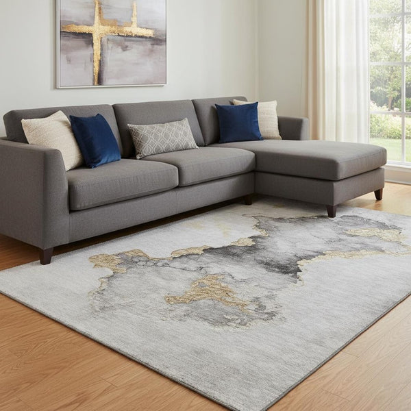 HomeRoots 8' X 10' Stylish Gray Gold Silver Abstract Washable Area Rug with UV Protection & Stain Resistance 701561