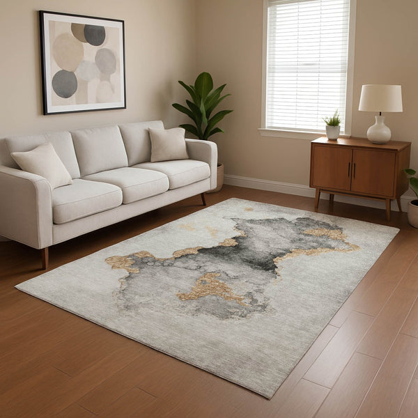 HomeRoots 8' X 10' Stylish Gray Gold Silver Abstract Washable Area Rug with UV Protection & Stain Resistance 701561