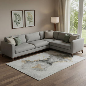 HomeRoots 9' X 12' Gray Gold Silver Abstract Area Rug - Washable, UV Protected, Durable for Busy Homes 701562