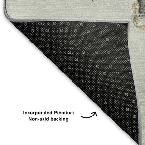 HomeRoots 9' X 12' Gray Gold Silver Abstract Area Rug - Washable, UV Protected, Durable for Busy Homes 701562
