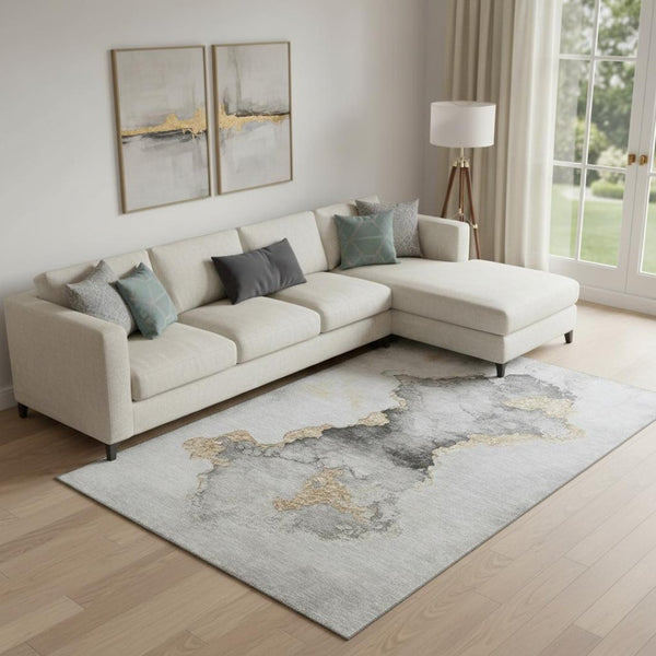 HomeRoots 10' X 14' Stylish Gray Gold Silver Abstract Area Rug – Washable, Stain Resistant, UV Protected Design 701563