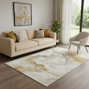 HomeRoots 5' X 8' Beige Gold and Ivory Abstract Washable Area Rug with UV Protection for Modern Homes 701565