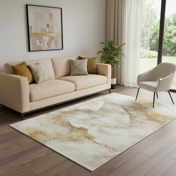 HomeRoots 5' X 8' Beige Gold and Ivory Abstract Washable Area Rug with UV Protection for Modern Homes 701565