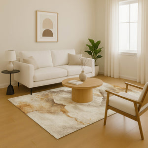 HomeRoots 5' X 8' Beige Gold and Ivory Abstract Washable Area Rug with UV Protection for Modern Homes 701565
